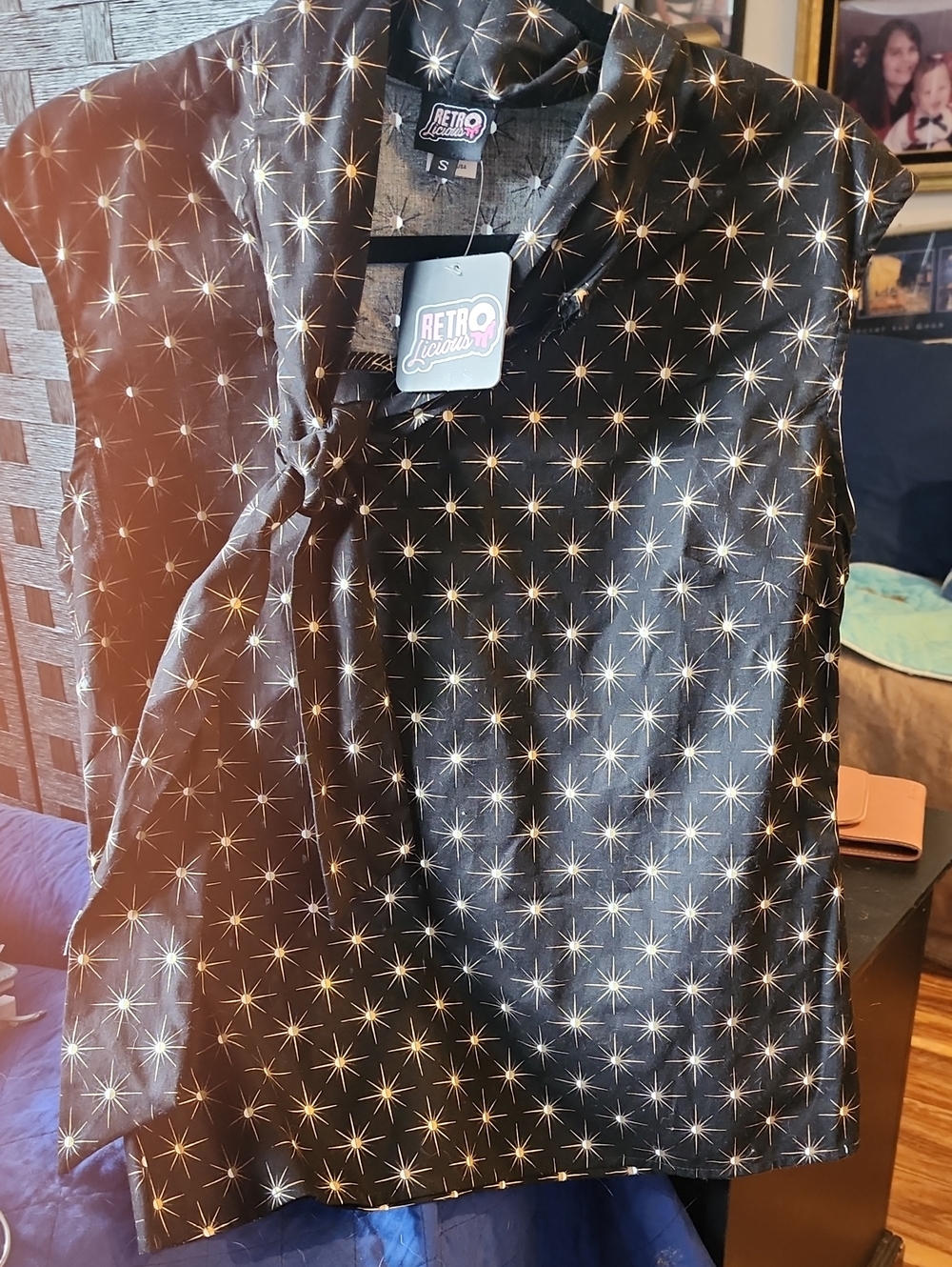 Retrolicious Black Blouse with Gold Starburst Tie-Neck